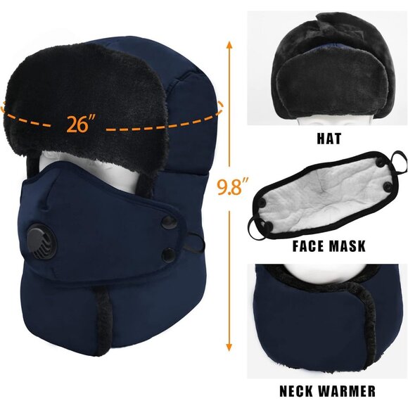 Unisex Blue Winter Trapper Hat Russian with Ear Flap Mask Aviator Cold Weather - Picture 3 of 6